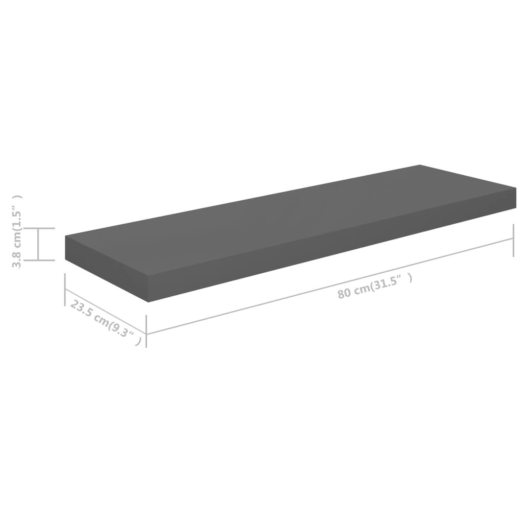 vidaXL Estante flotante de pared MDF gris brillo 80x23,5x3,8 cm