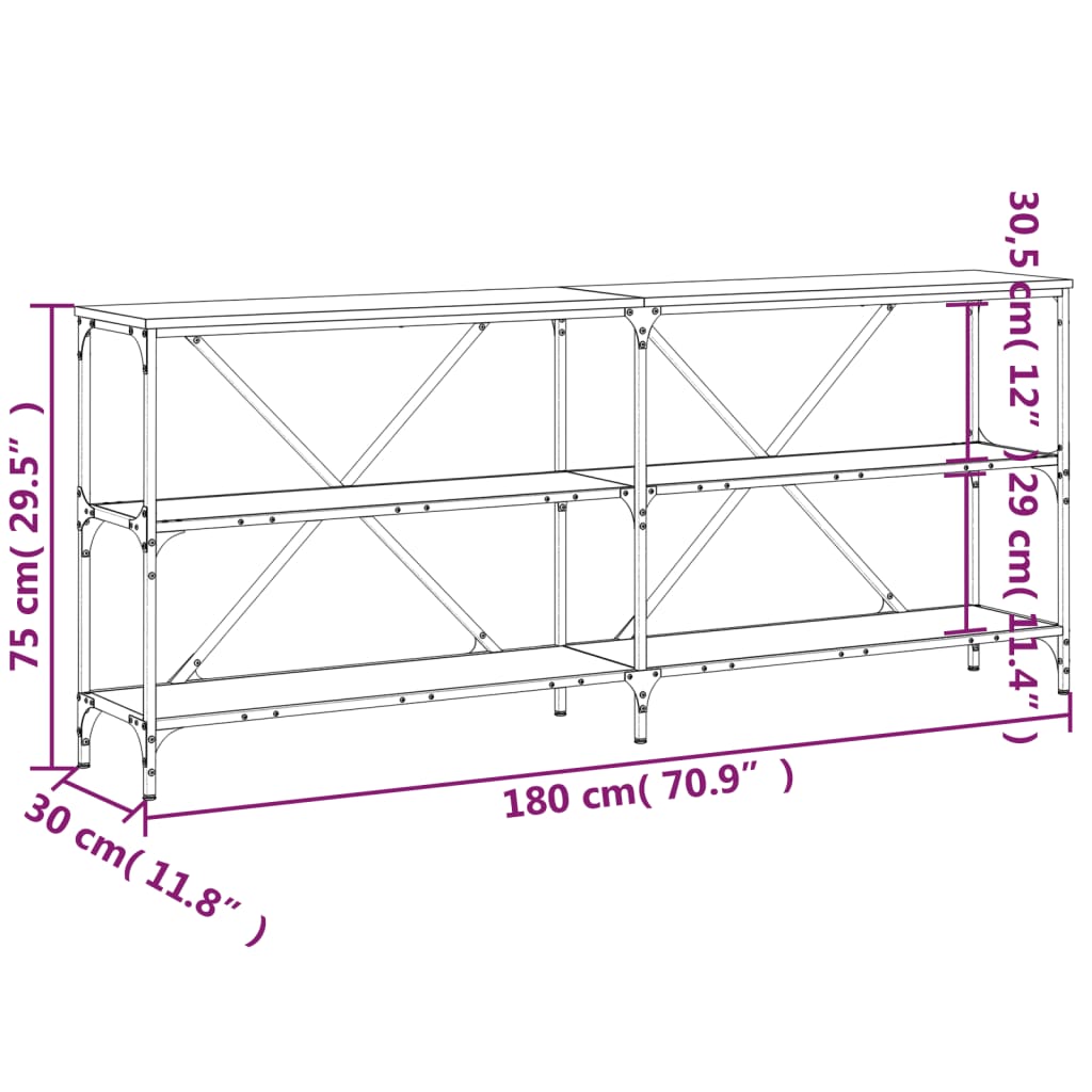 vidaXL Mesa consola hierro y madera ingeniería gris Sonoma 180x30x75cm