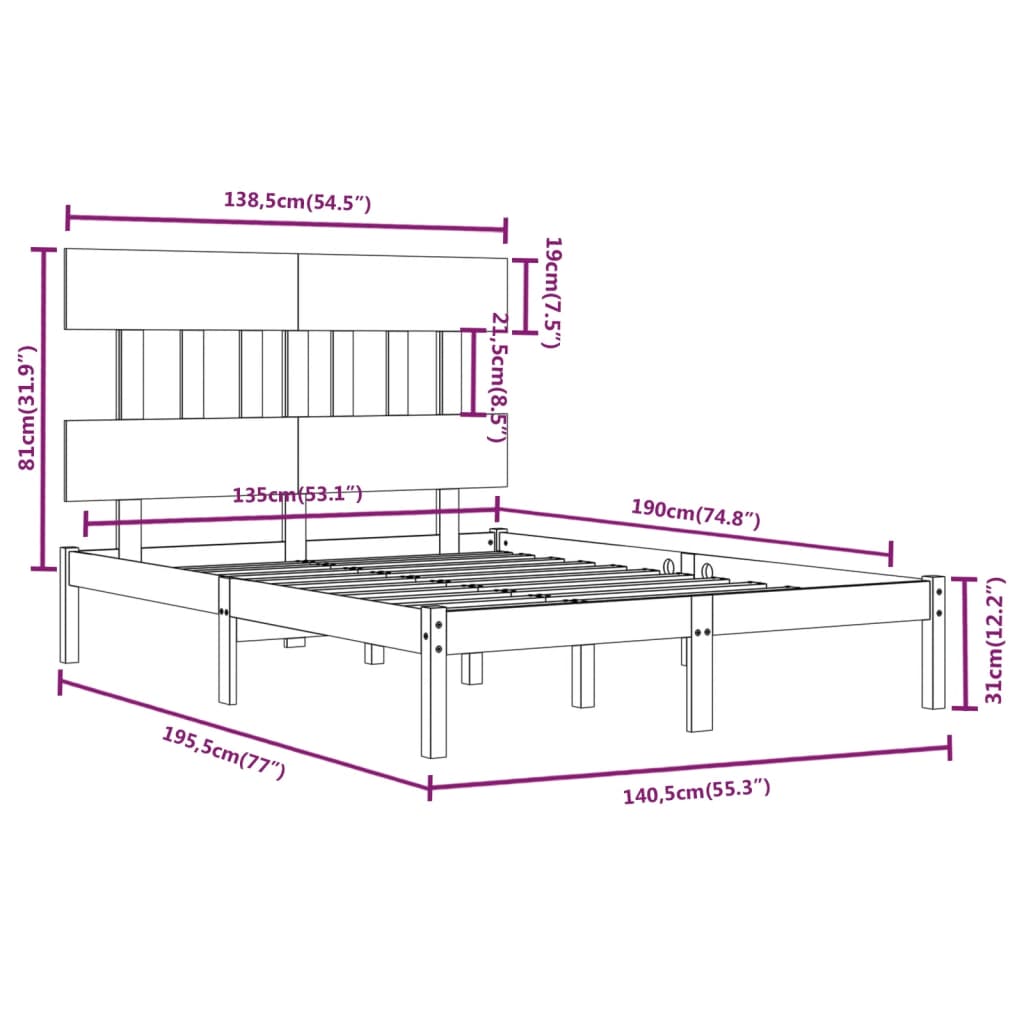 vidaXL Estructura de cama doble madera maciza negra 135x190 cm