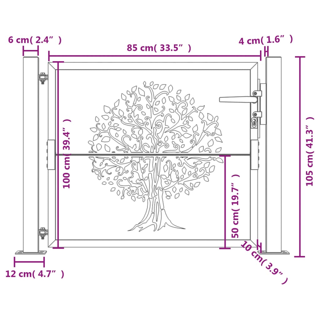 vidaXL Puerta de jardín acero corten diseño árbol 105x105 cm