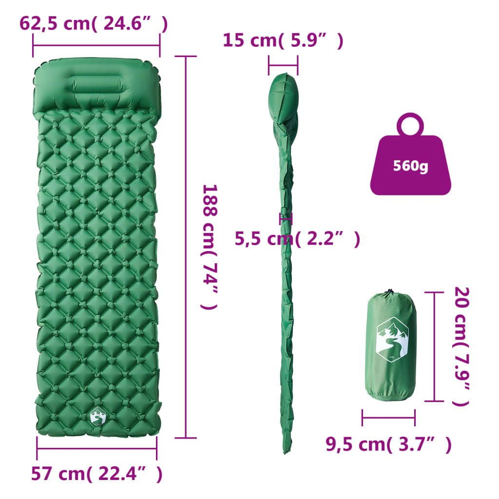 vidaXL Colchón de camping inflable con almohada 1 persona verde