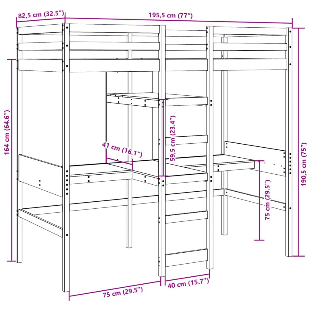 vidaXL Cama alta sin colchón madera maciza de pino 75x190 cm