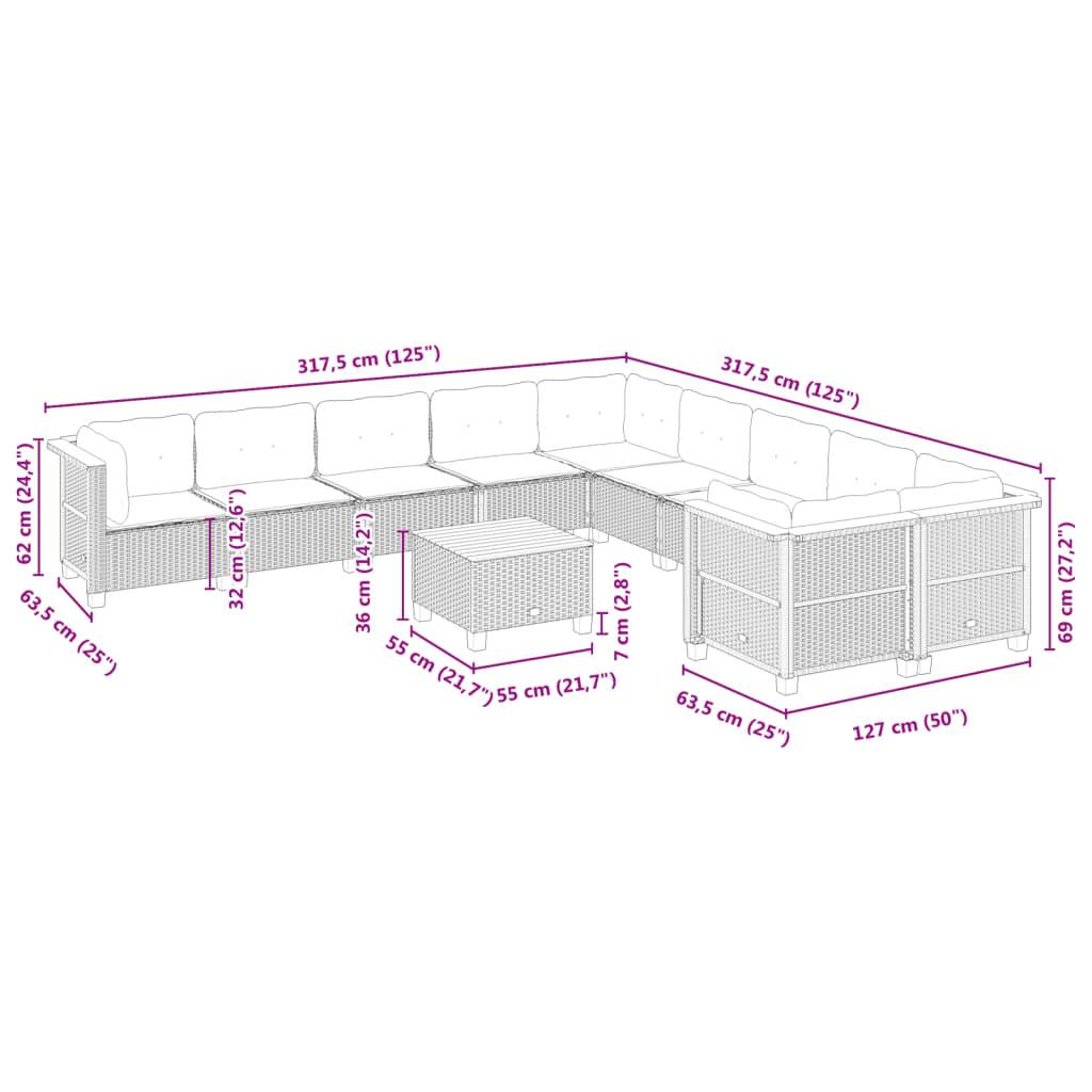 vidaXL Set de sofás de jardín 11 pzas y cojines ratán sintético gris