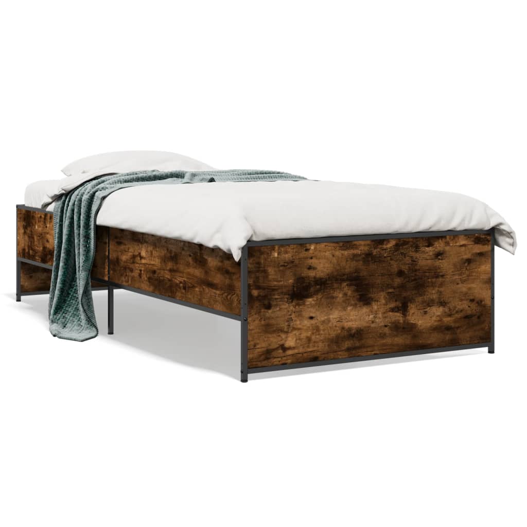 vidaXL Estructura cama madera ingeniería metal roble ahumado 90x200 cm