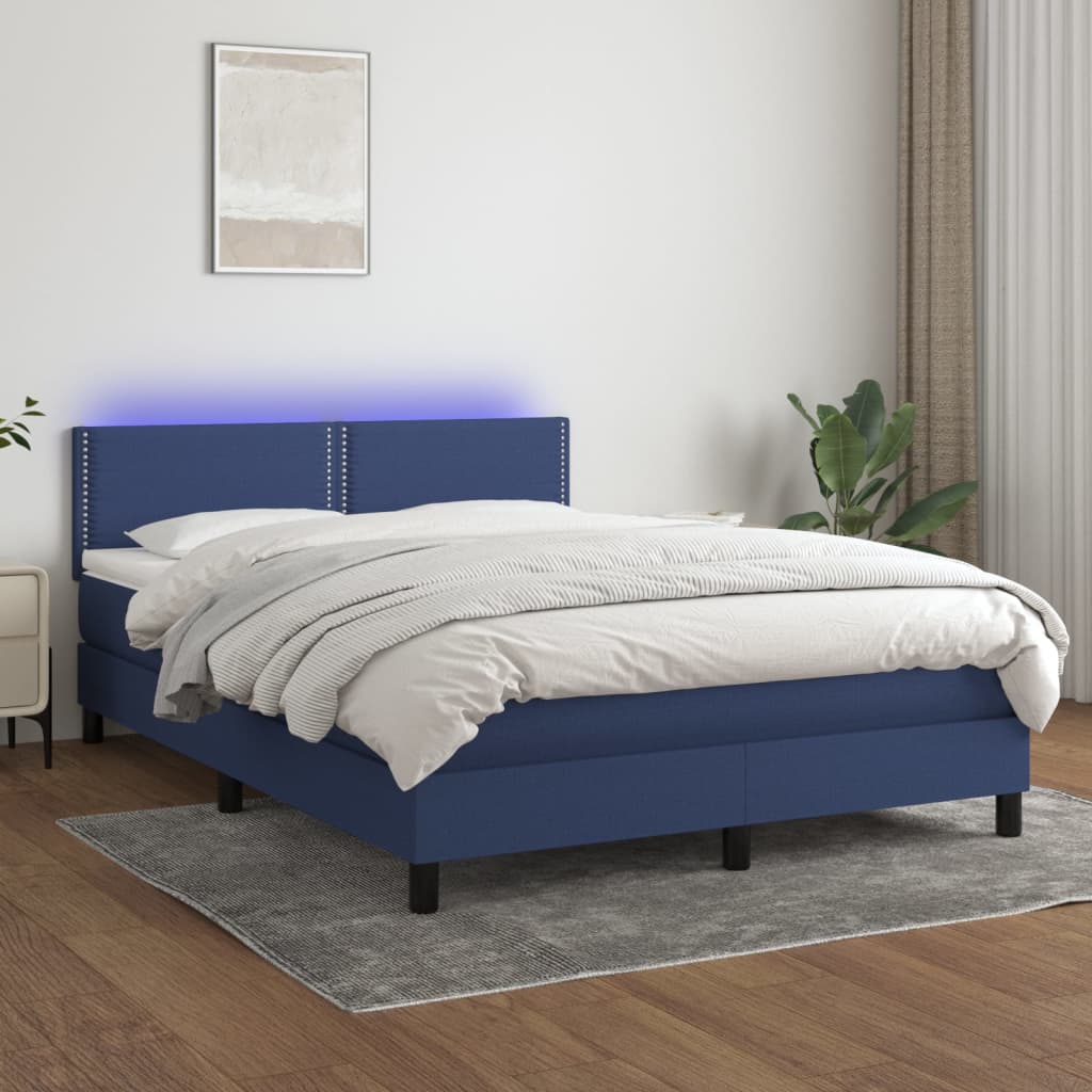 vidaXL Cama box spring colchón y luces LED tela azul 140x190 cm