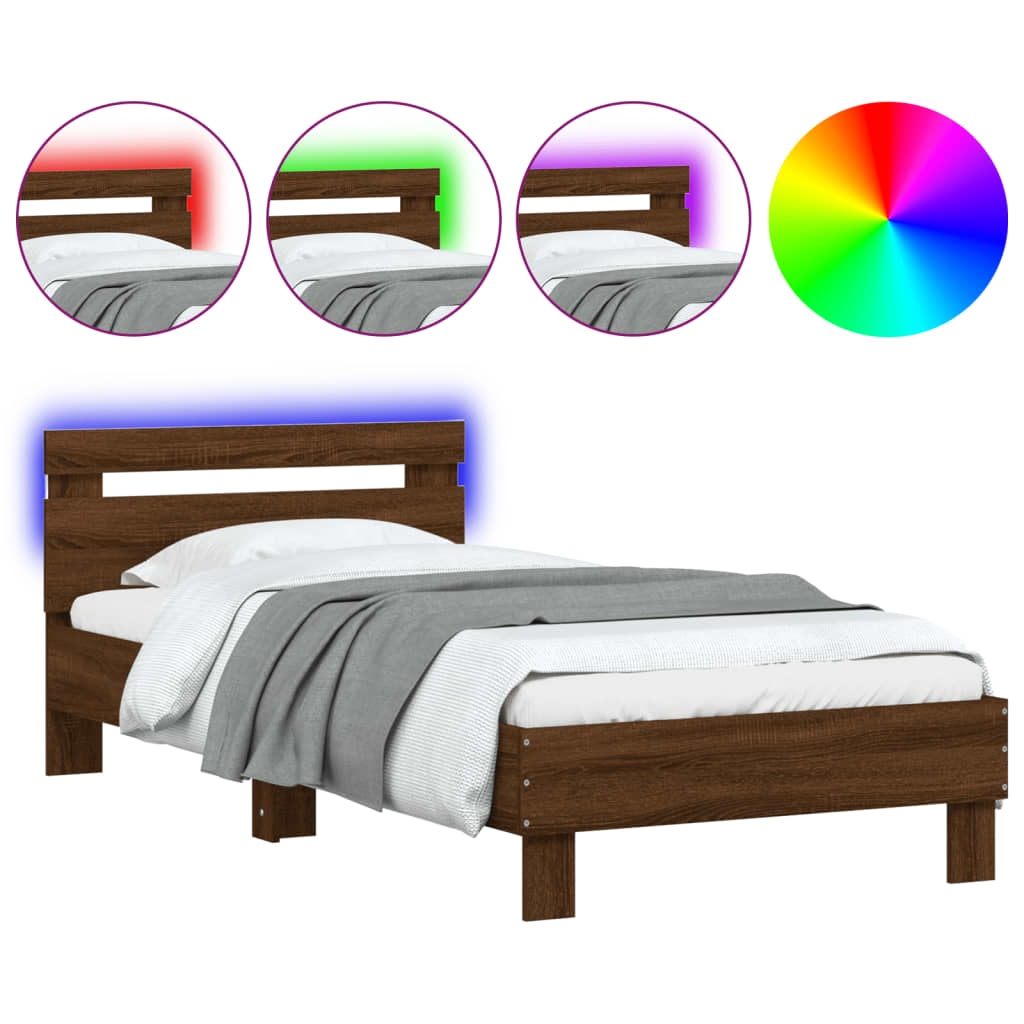 vidaXL Estructura de cama cabecero luces LED marrón roble 75x190 cm