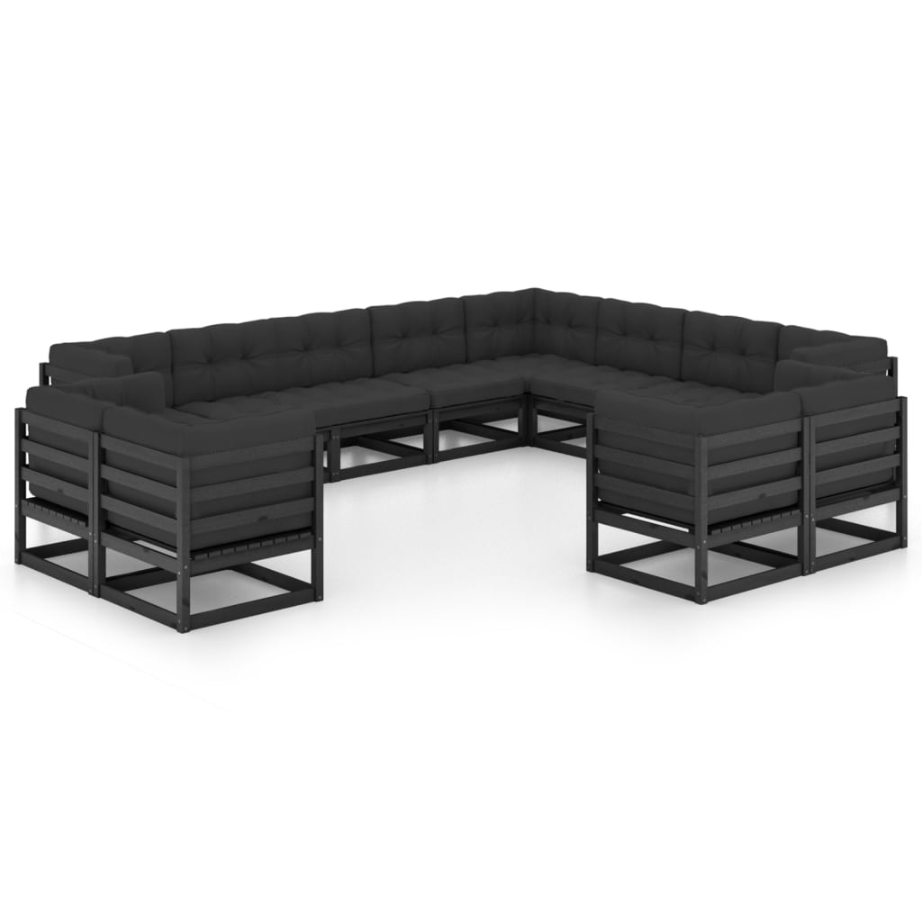 vidaXL Set de muebles de jardín 12 pzas con cojines madera pino negro