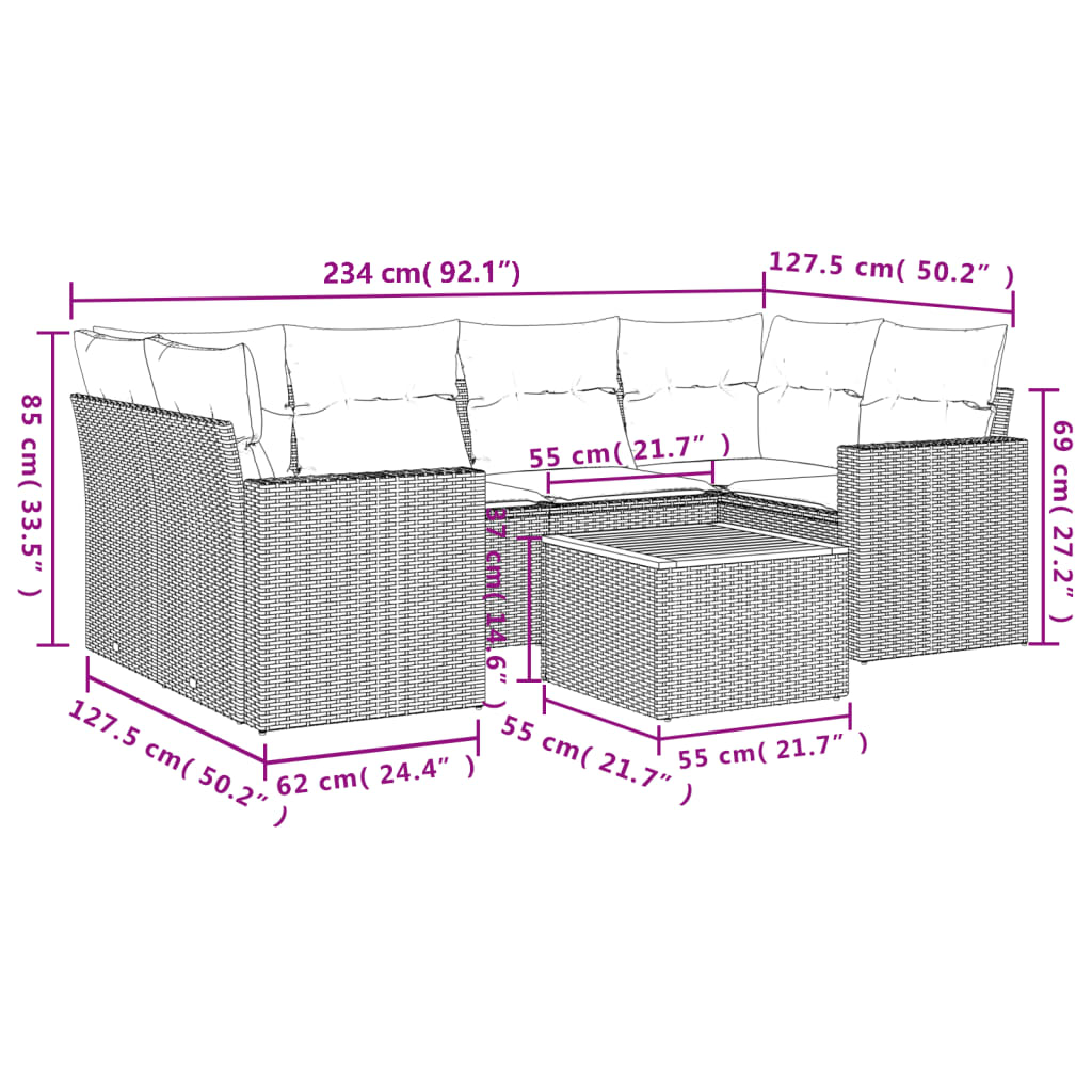 vidaXL Set de comedor de jardín 7 pzas y cojines ratán sintético negro