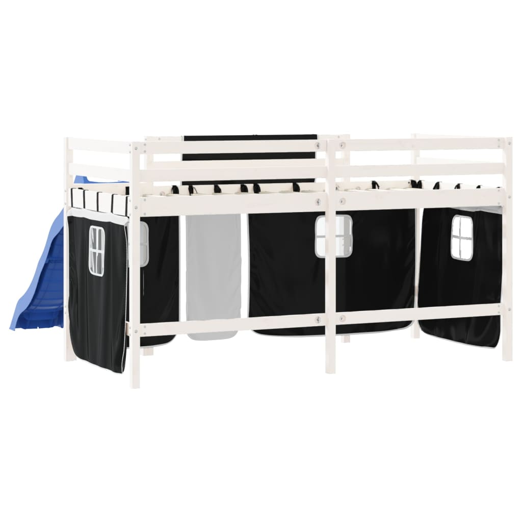 vidaXL Cama alta niños con cortinas madera pino blanco negro 90x200 cm