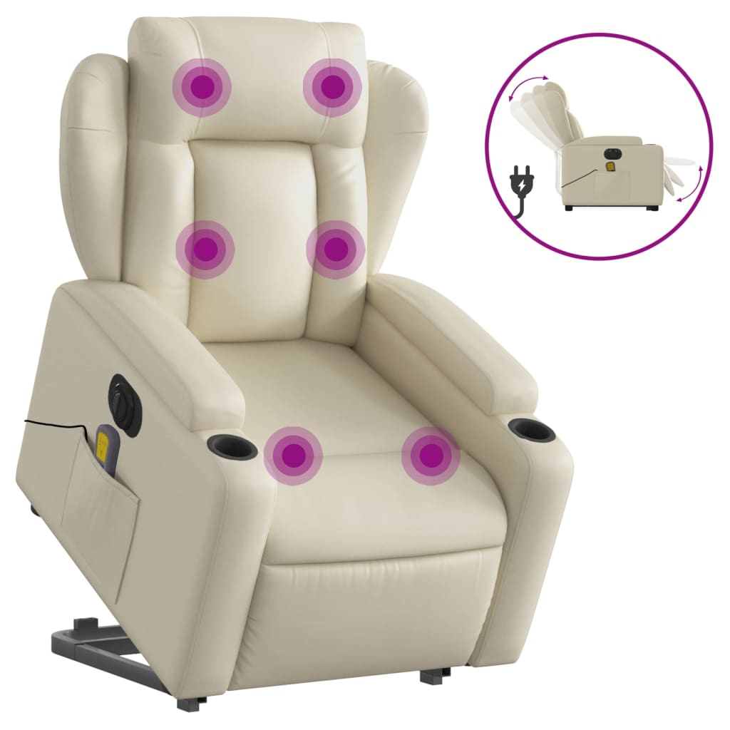 vidaXL Sillón de masaje elevable eléctrico cuero sintético crema