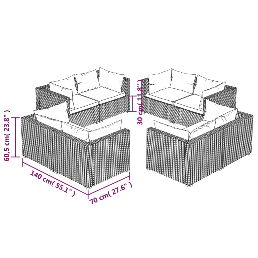 vidaXL Set de muebles de jardín 8 pzas y cojines ratán sintético negro