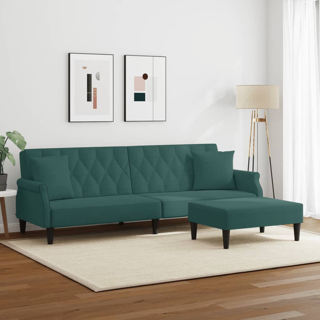 vidaXL Sofá cama 2 plazas y almohadas taburete terciopelo verde oscuro