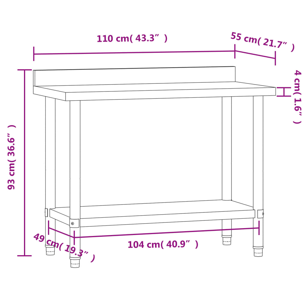 vidaXL Mesa trabajo cocina y salpicadero acero inoxidable 110x55x93 cm