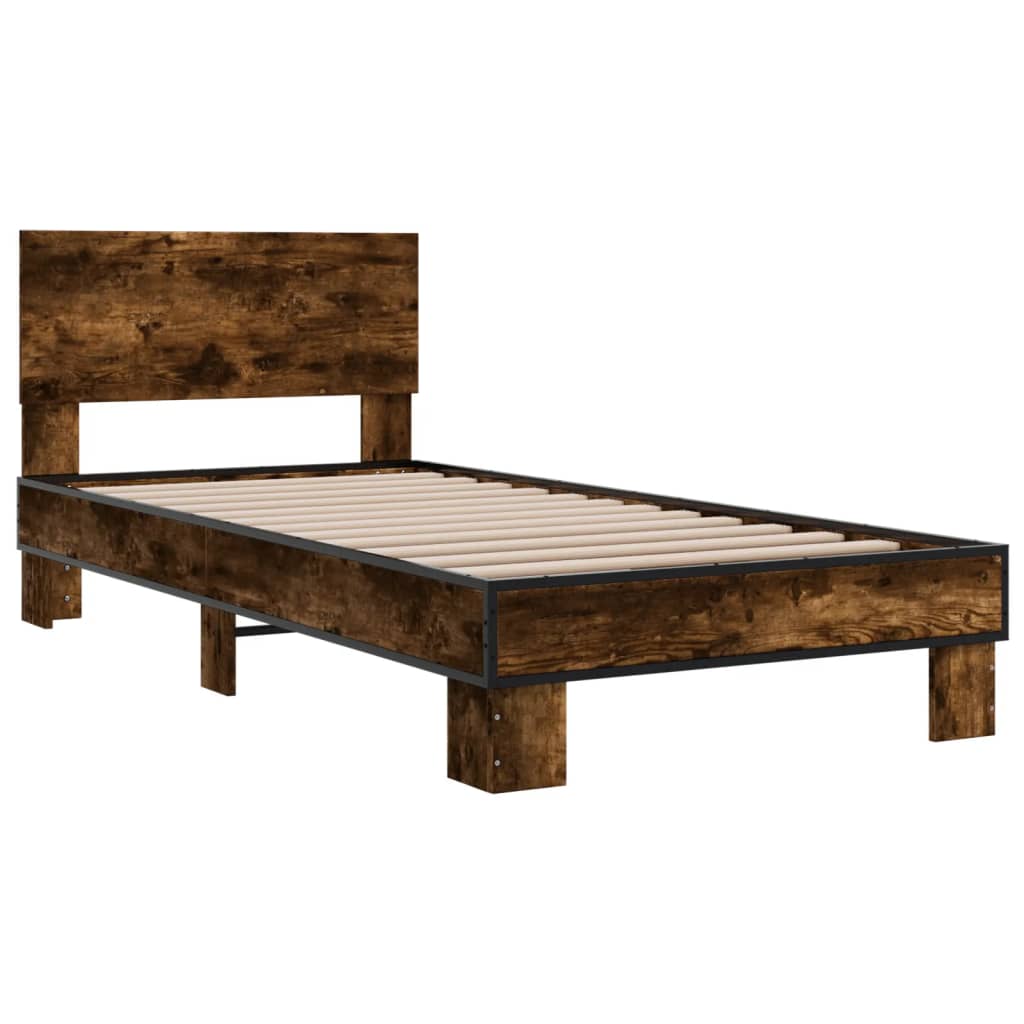 vidaXL Estructura cama madera ingeniería metal roble humo 100x200 cm