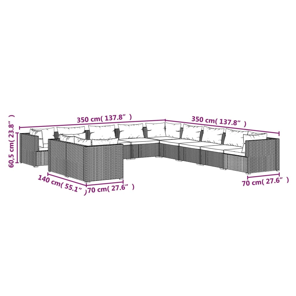 vidaXL Set de muebles de jardín 11 pzas y cojines ratán sintético gris