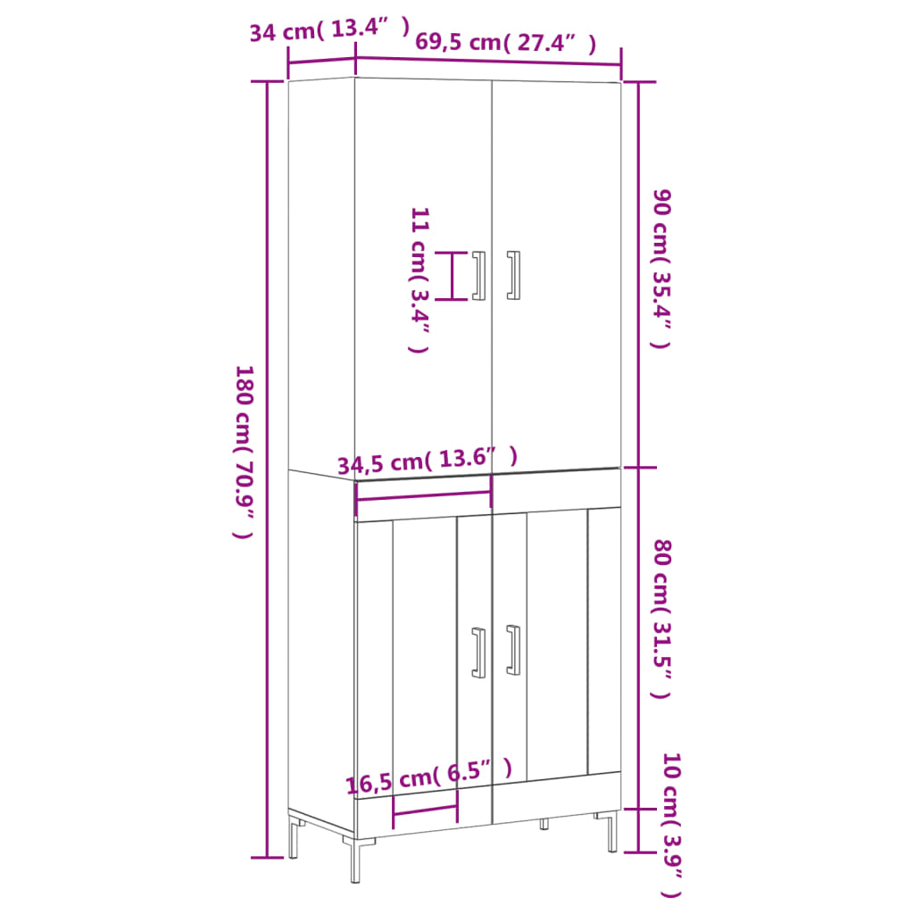 vidaXL Aparador alto madera contrachapada gris sonoma 69,5x34x180 cm