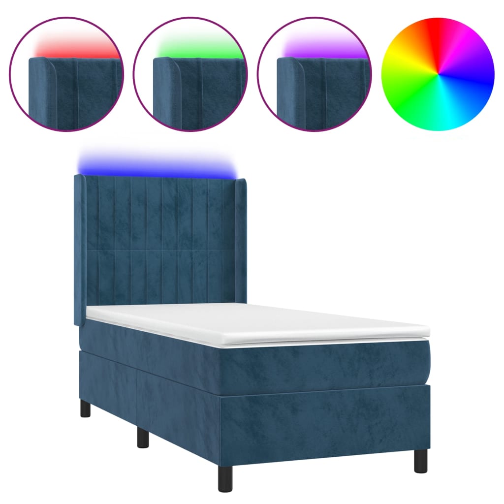 vidaXL Cama box spring colchón y LED terciopelo azul oscuro 100x200 cm