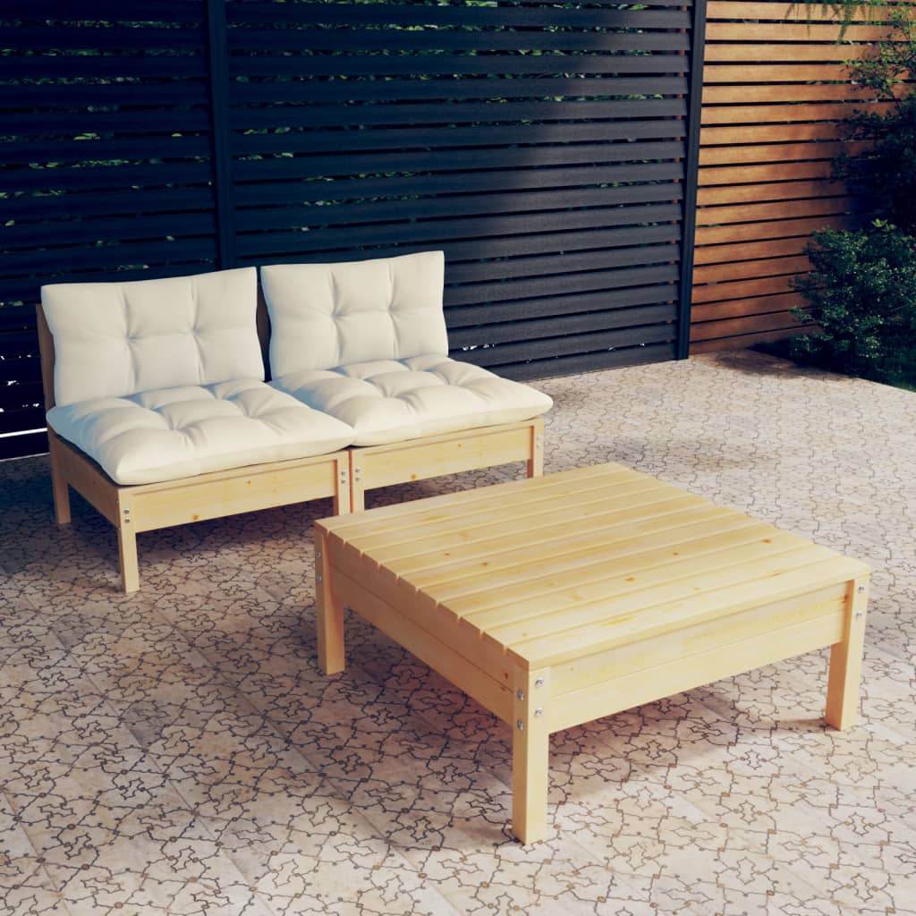 vidaXL Muebles de jardín 3 piezas cojines madera de pino crema