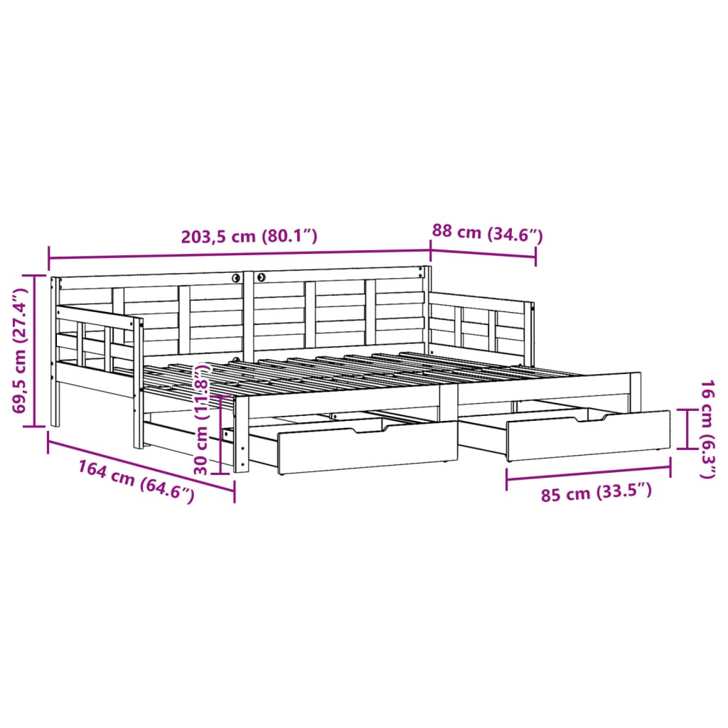 vidaXL Sofá cama nido con cajones madera maciza de pino 80x200 cm