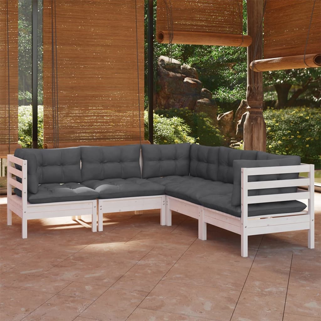 vidaXL Muebles de jardín 5 pzas con cojines blanco madera maciza pino