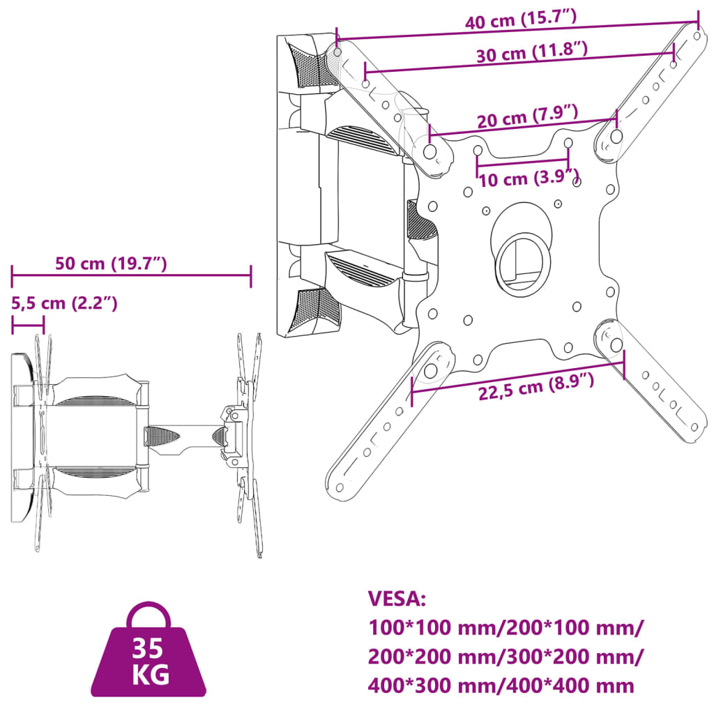 vidaXL Soporte pared TV pantalla 32''-55'' Max VESA 400x400 mm 35 kg