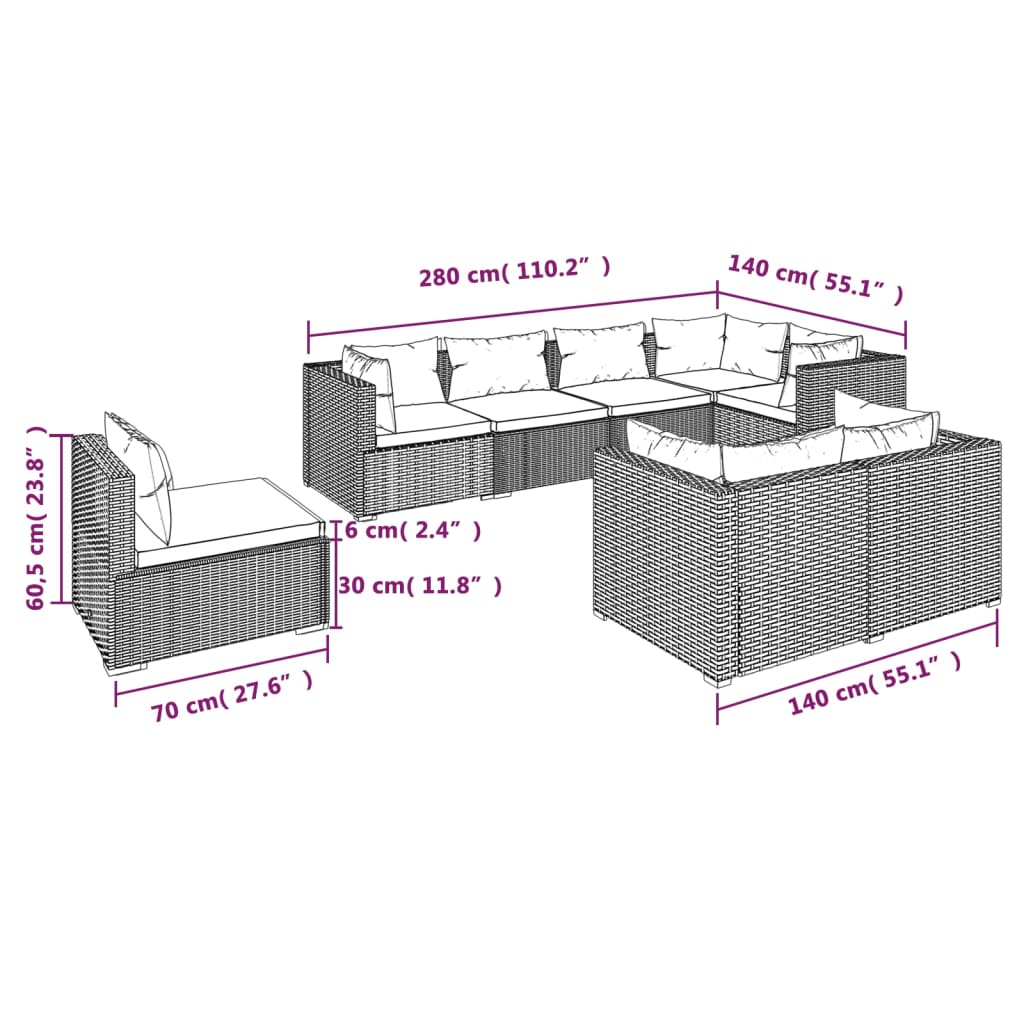 vidaXL Set muebles de jardín 8 piezas y cojines ratán sintético marrón