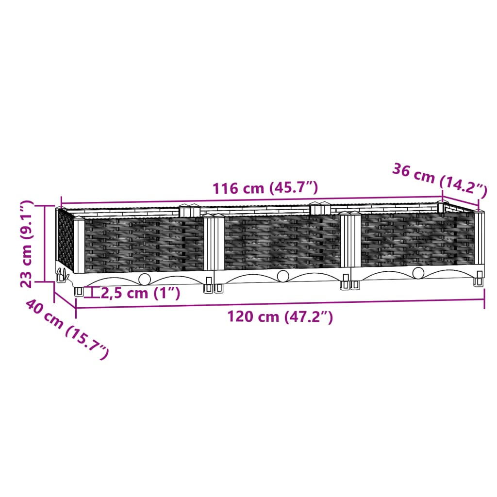 vidaXL Arriate polipropileno 120x40x23 cm