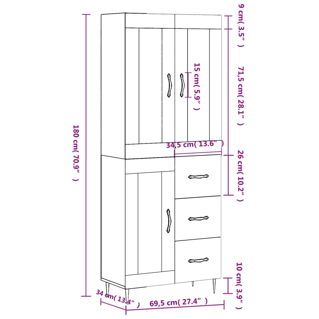 vidaXL Aparador alto madera contrachapada gris hormigón 69,5x34x180 cm