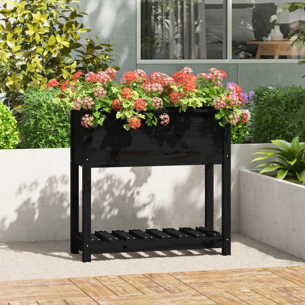 vidaXL Jardinera con estante madera maciza pino negro 82,5x34,5x81 cm