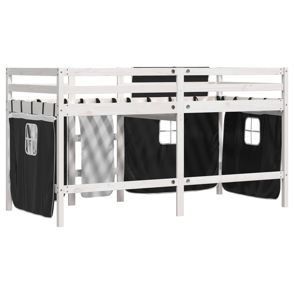 vidaXL Cama alta niños con cortinas madera pino blanco negro 80x200 cm