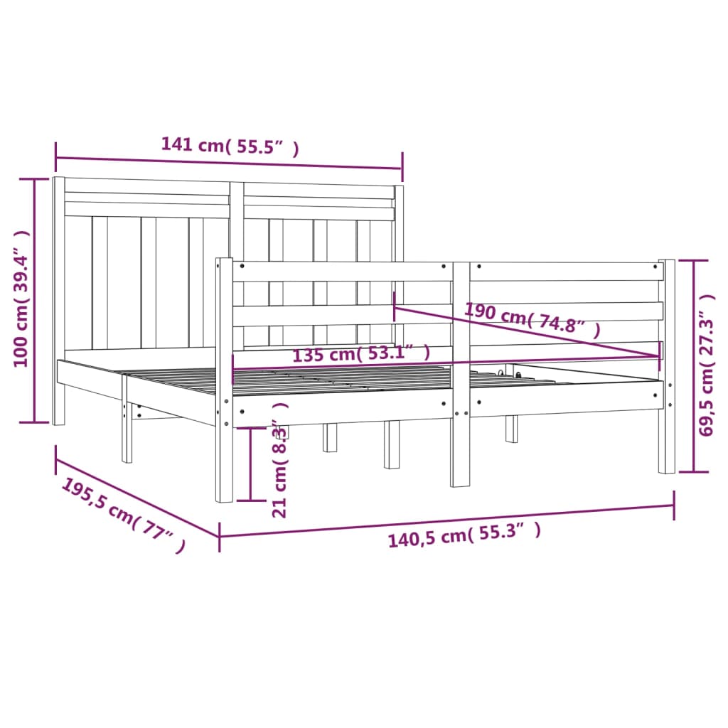 vidaXL Estructura de cama de matrimonio madera maciza 135x190 cm