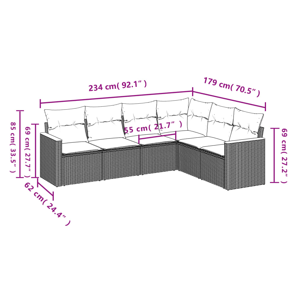 vidaXL Set de muebles de jardín 6 pzas y cojines ratán sintético gris