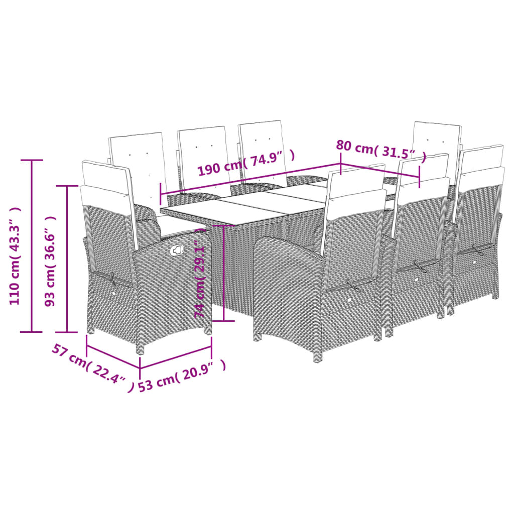 vidaXL Set de comedor de jardín 9 pzas y cojines ratán sintético negro