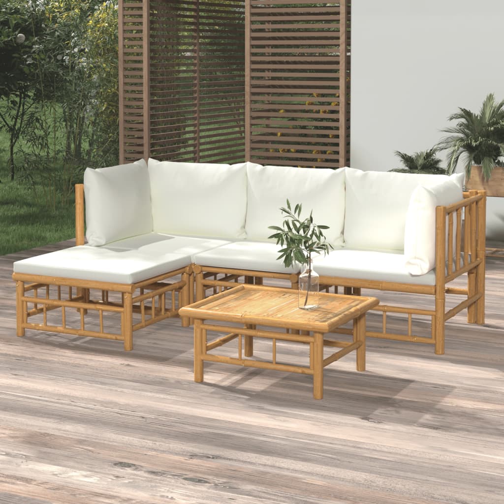 vidaXL Set de muebles de jardín 5 piezas bambú y cojines blanco crema