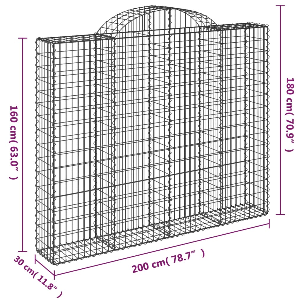 vidaXL Cestas gaviones 7 uds forma de arco hierro 200x30x160/180 cm