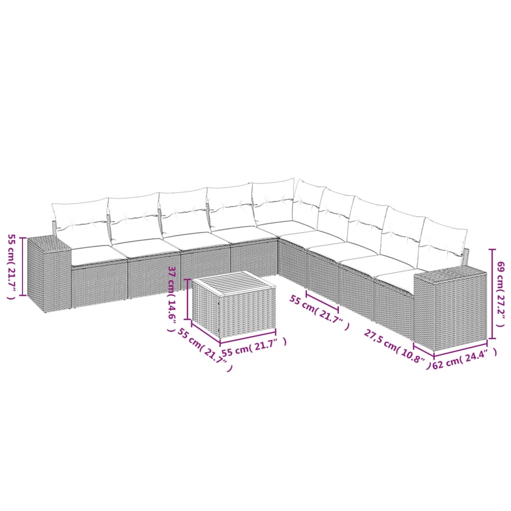 vidaXL Set de sofás de jardín 10 pzas cojines ratán sintético negro