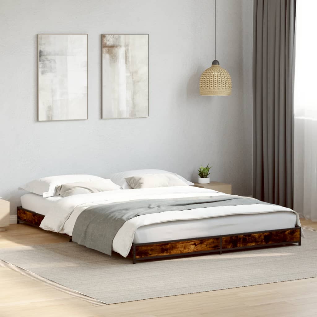 vidaXL Estructura cama madera ingeniería metal roble ahumado 140x190cm