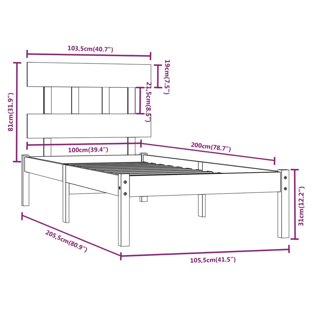 vidaXL Estructura de cama de madera maciza 100x200 cm