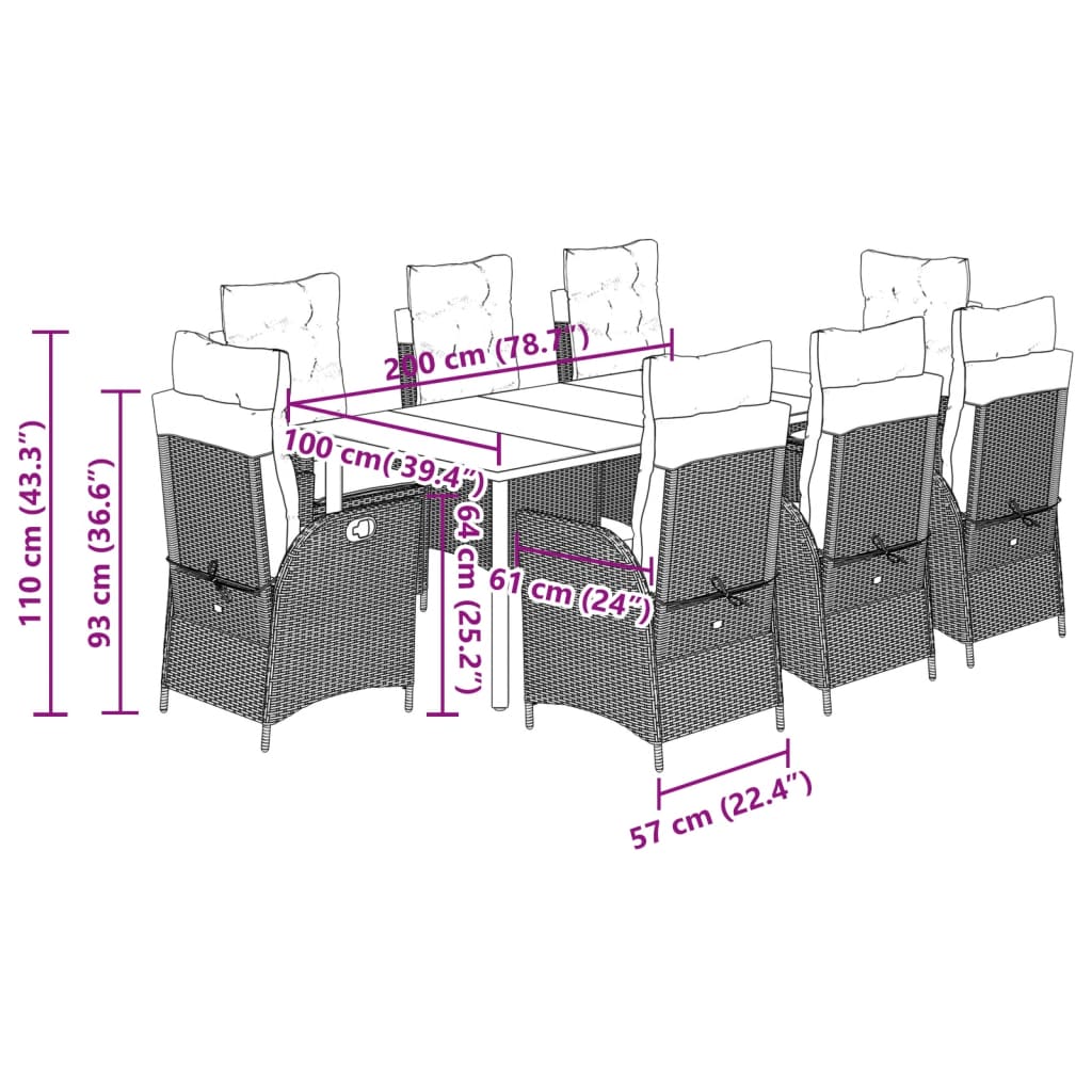 vidaXL Set comedor de jardín 9 pzas cojines ratán sintético gris claro