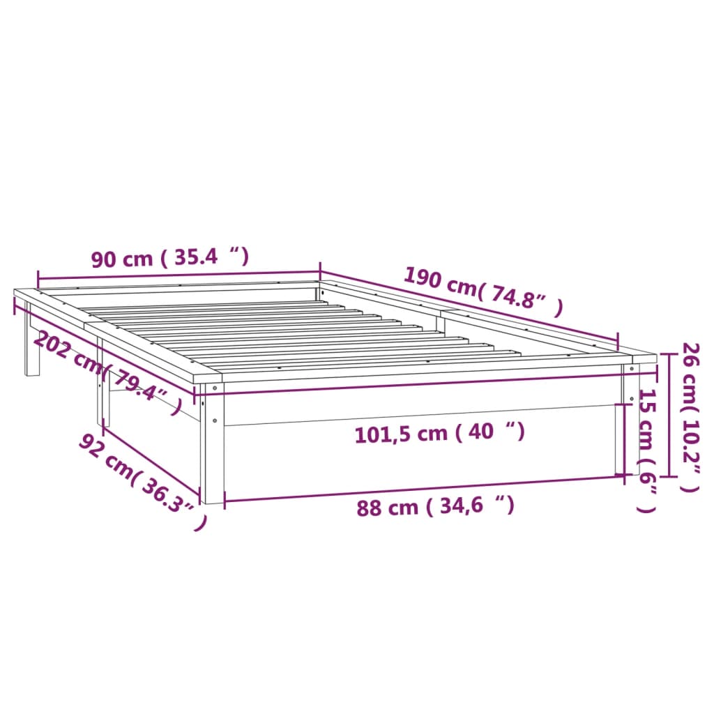 vidaXL Estructura de cama con LED madera maciza negra 90x190 cm