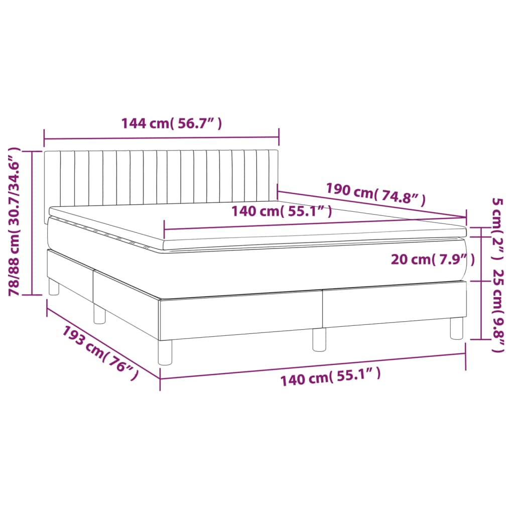 vidaXL Cama box spring colchón luces LED tela marrón oscuro 140x190 cm