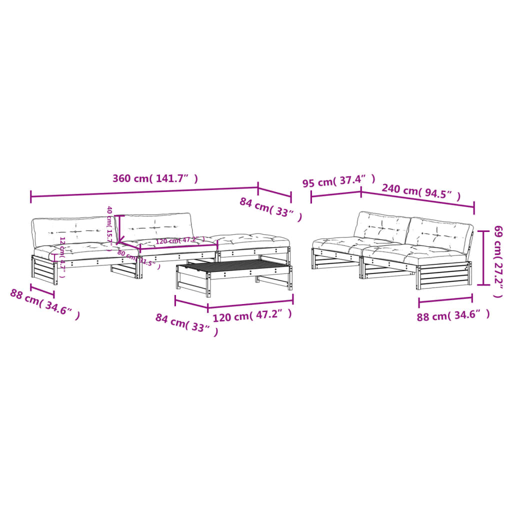 vidaXL Juego de muebles jardín 6 pzas y cojines madera abeto Douglas