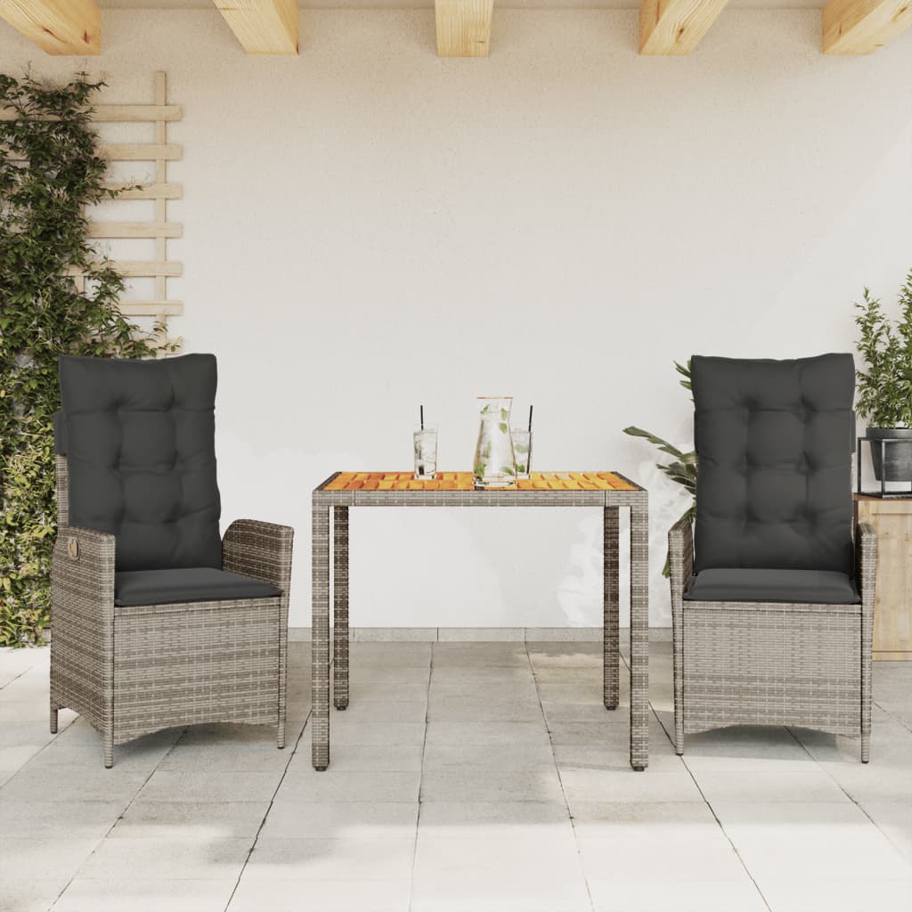 vidaXL Set comedor de jardín 3 piezas con cojines ratán sintético gris