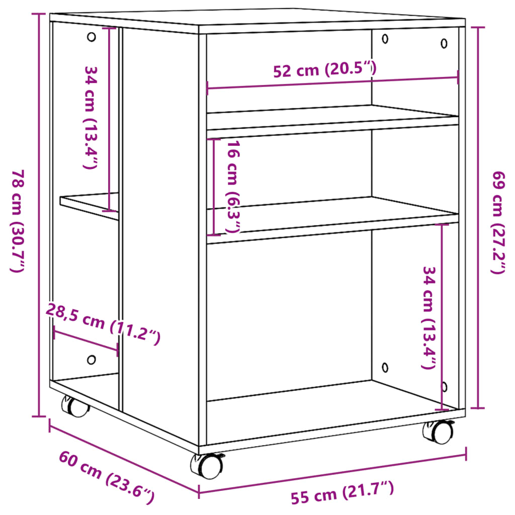 vidaXL Mesa auxiliar con ruedas madera ingeniería Sonoma 55x60x78 cm