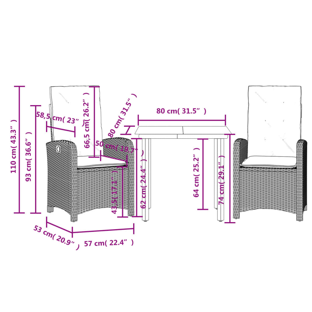 vidaXL Set comedor de jardín 3 pzas con cojines ratán sintético beige