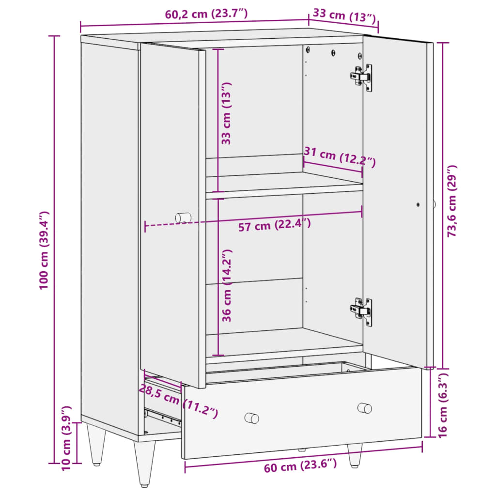 vidaXL Aparador alto madera maciza de mango 60x33x100 cm