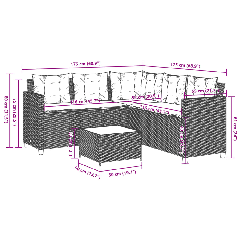 vidaXL Sofá de jardín en forma de L con mesa y cojines ratán PE beige