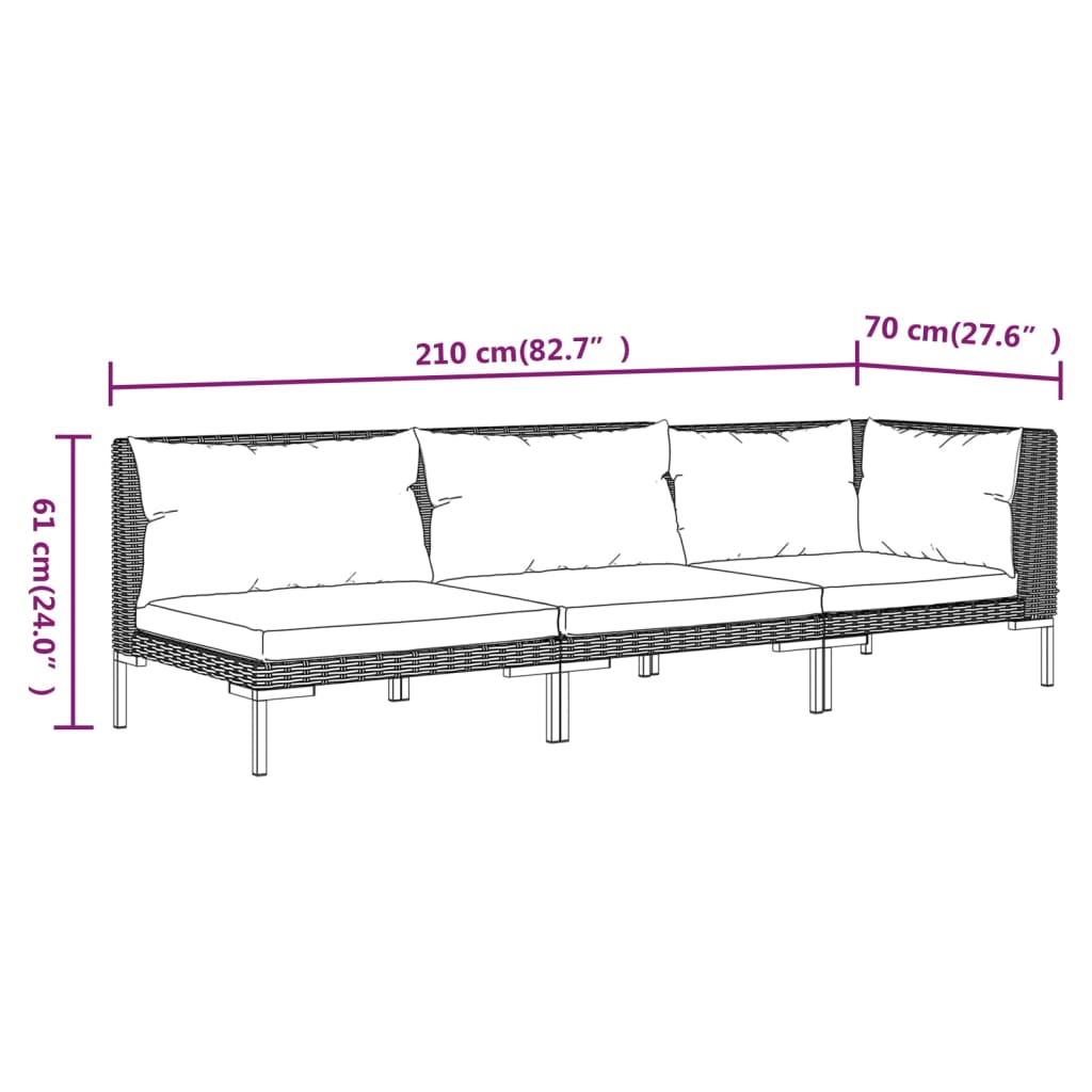 vidaXL Muebles jardín 3 pzas ratán sintético semicircular gris oscuro