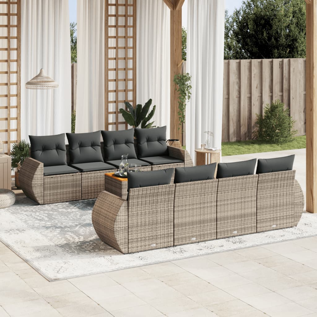 vidaXL Set de muebles de jardín 9 pzas y cojines ratán sintético gris