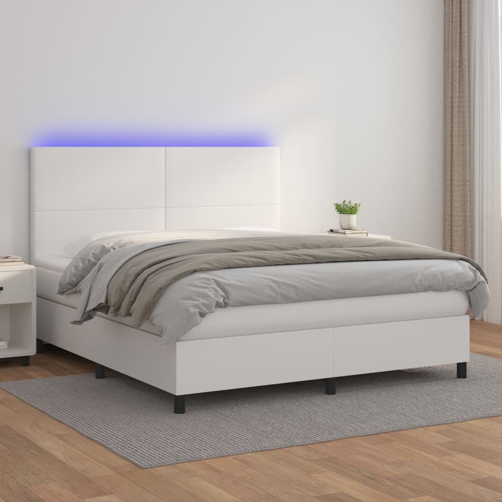 vidaXL Cama box spring colchón y LED cuero sintético blanco 160x200 cm